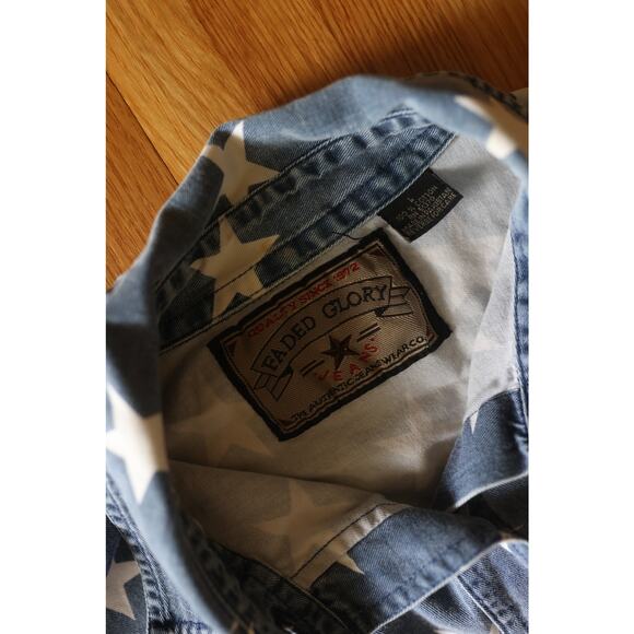 Vintage 90s Faded Glory Denim Stars Utility Button Up Shirt - Picture 3 of 4